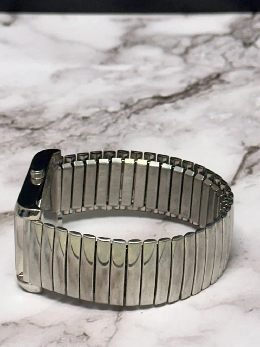 Speidel Tank Watch Women Silver Tone White Dial Stretch Band New Battery 7 Inch